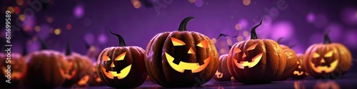 Holiday Halloween banner with Jack-o'-lantern pumpkins on violet background with colorful lights.
