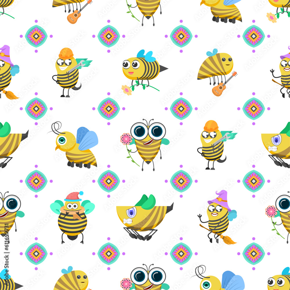 Seamless Pattern Abstract Elements Different Bee Insect Beetle With Flower Vector Design Style Background Illustration Texture For Prints Textiles, Clothing, Gift Wrap, Wallpaper, Pastel