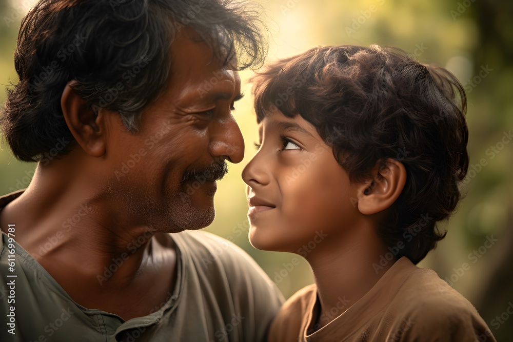 Happy Indian father and son looking at each other in the park Happy Indian father and son looking at each other in the park