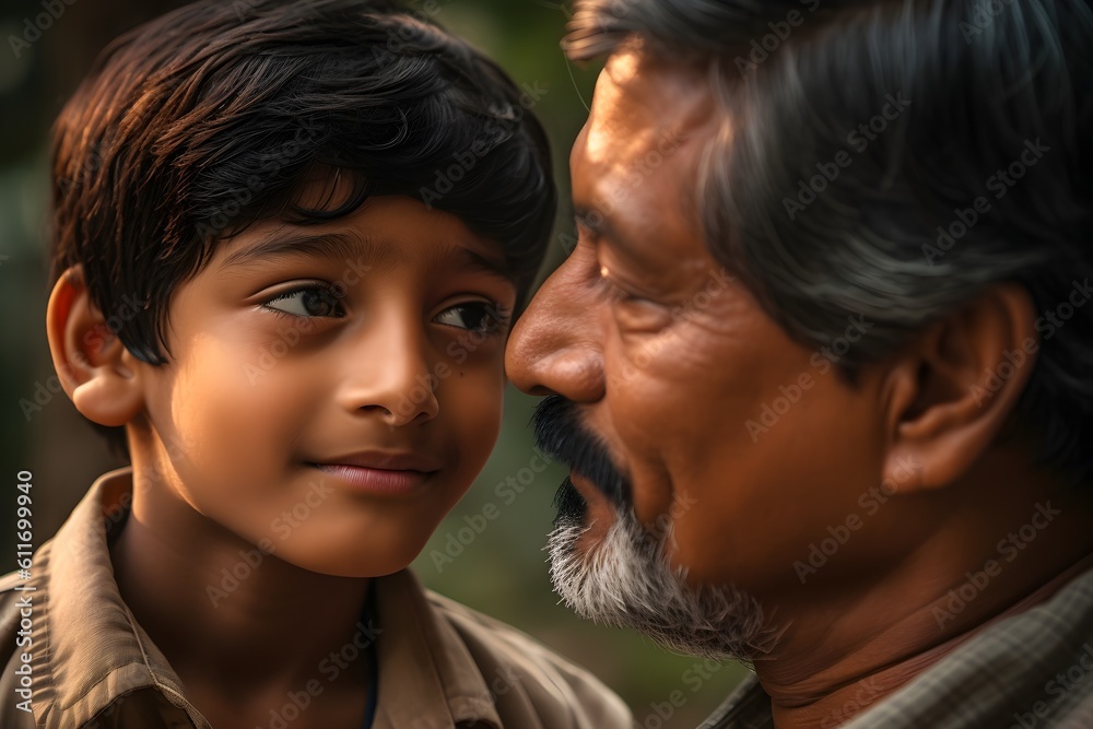 Happy Indian father and son looking at each other in the park Happy Indian father and son looking at each other in the park