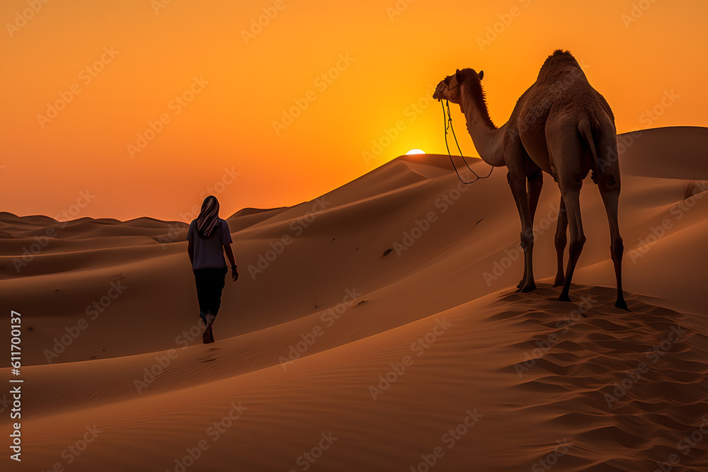 Camel and a person walking through the desert at sunset. Golden hour. Generative AI Camel and a person walking through the desert at sunset. Golden hour. Generative AI