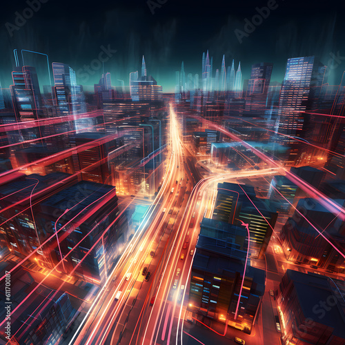 Trails on the highway at night representing the trafic. Colourfull Buildings and offices. Beautifull architecture. Generative AI