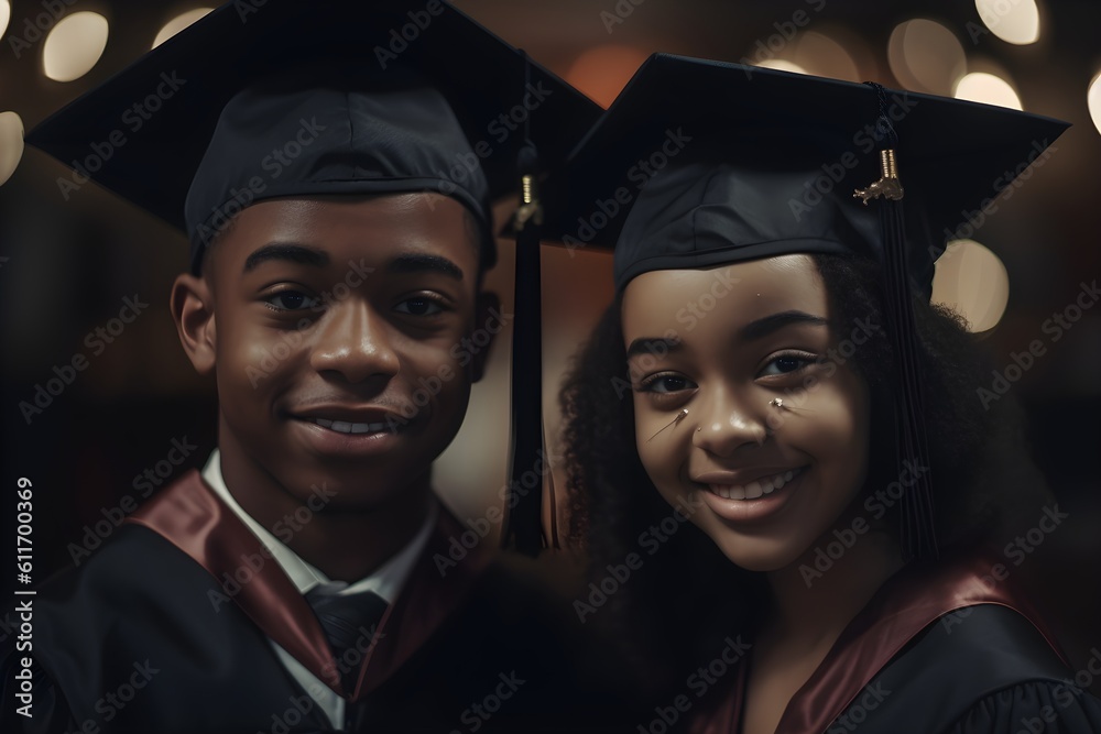 Fototapeta premium Portrait of happy African couple in graduation caps