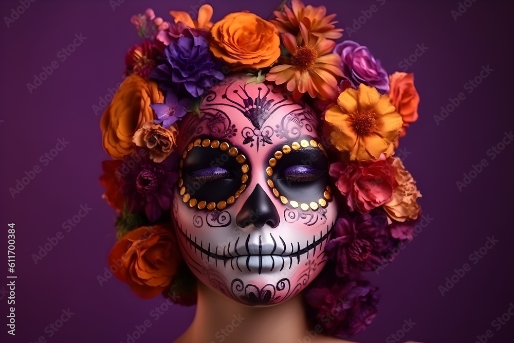Portrait of a beautiful woman with sugar skull makeup over purple background Portrait of a beautiful woman with sugar skull makeup over purple background