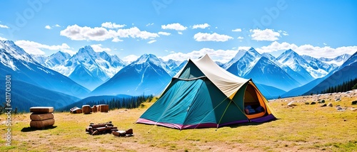 Tourist camp in the mountains, tent in the foreground. generative AI.