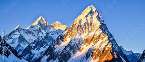 Mountain peak of the tibetan snow-capped mountains, a beautiful panorama of the mountains at sunset of the day, generative ai.