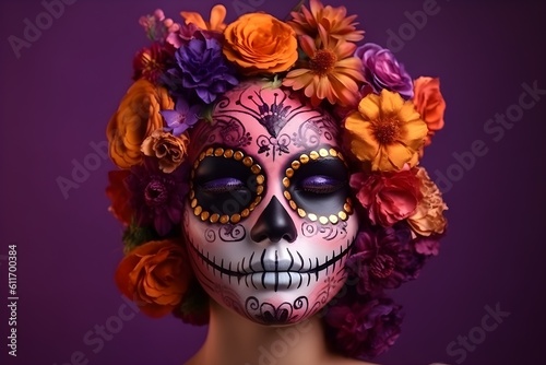 Portrait of a beautiful woman with sugar skull makeup over purple background