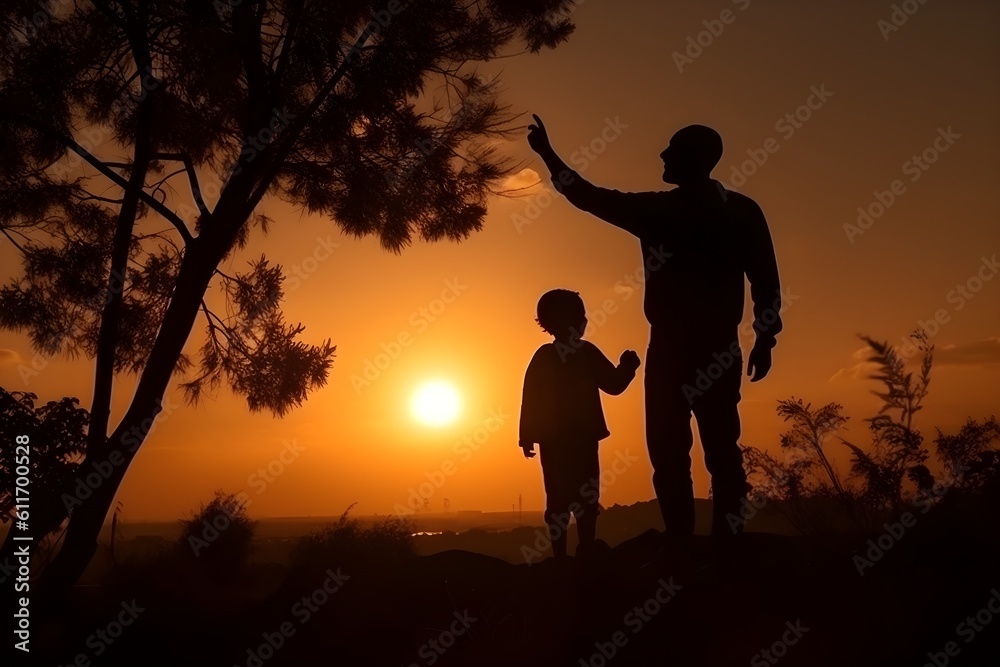 Silhouette of father and son on sunset background Silhouette of father and son on sunset background