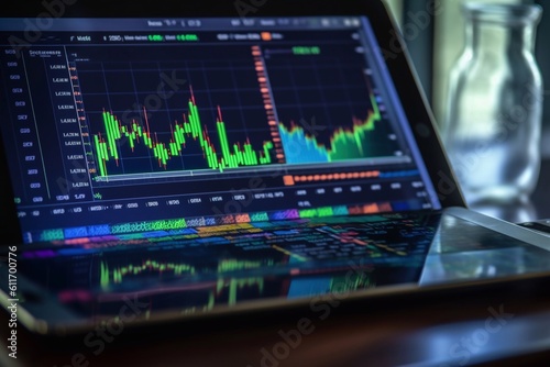 Close up of backlit hand at desk using tablet with abstract glowing money mesh on blurry background. Cryptocurrency and online banking concept Generative AI