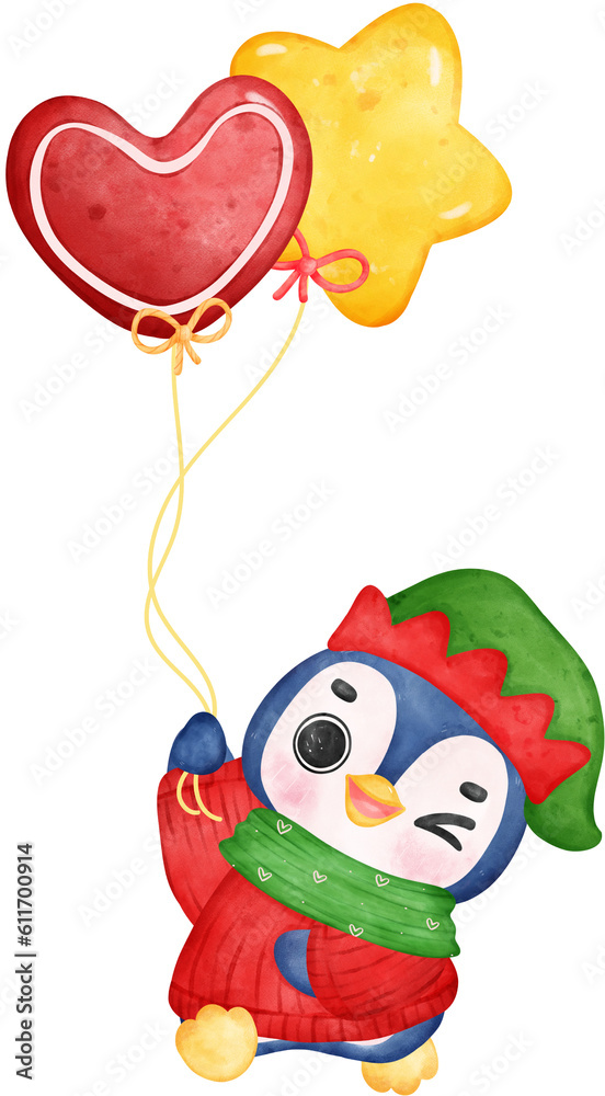 Cute joyful Christmas penguin with balloons cartoon animal watercolour