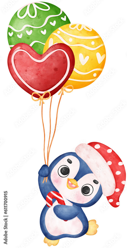 Cute joyful Christmas penguin with balloons cartoon animal watercolour