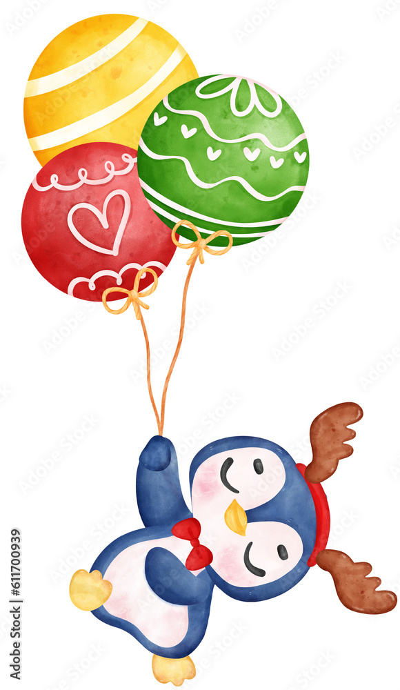 Naklejka premium Cute joyful Christmas penguin with balloons cartoon animal watercolour