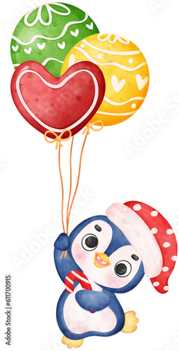 Cute joyful Christmas penguin with balloons cartoon animal watercolour