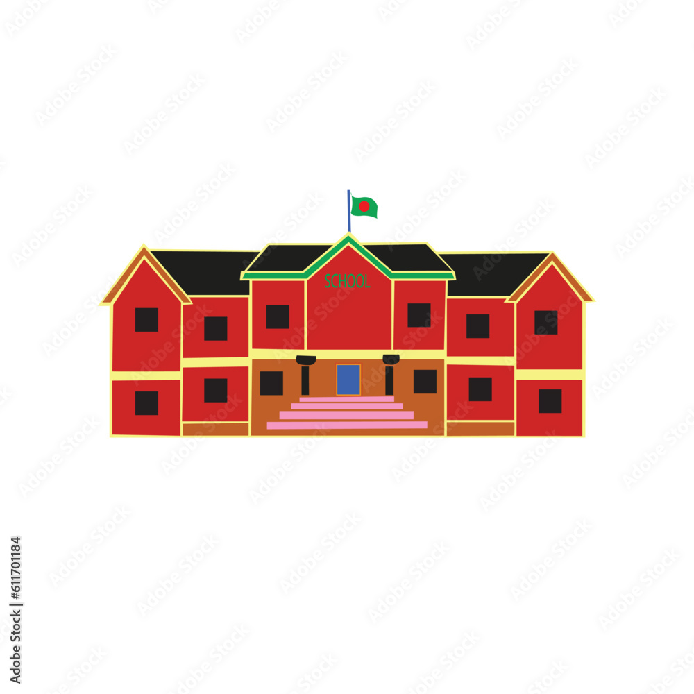 School building, front yard with students children. Flat style vector illustration isolated on white background. Back to school concept vector poster. School with building on background. City primary School building, front yard with students children. Flat style vector illustration isolated on white background. Back to school concept vector poster. School with building on background. City primary