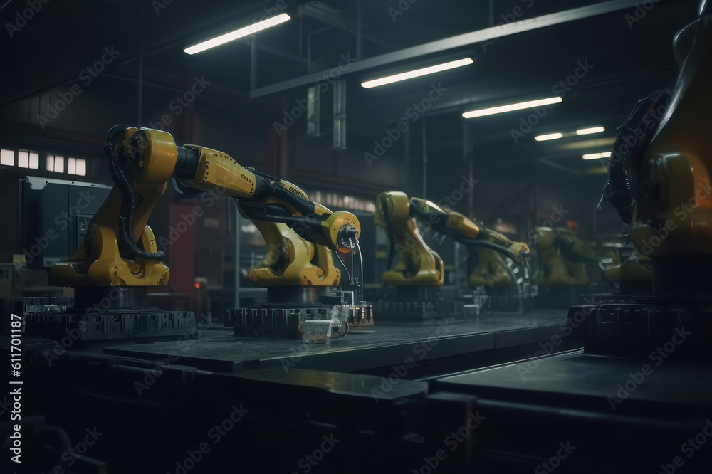 Robots in a factory. AI generative.