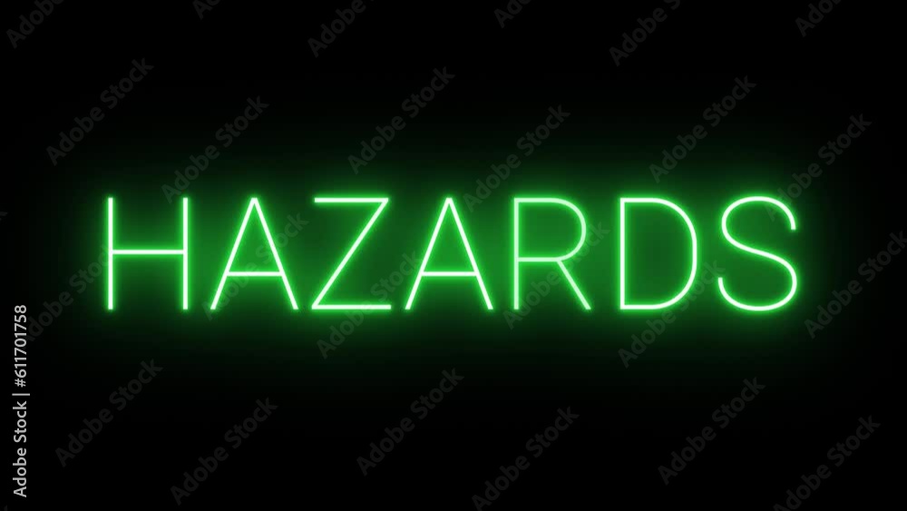 Flickering neon green glowing hazards sign animated on black background Flickering neon green glowing hazards sign animated on black background