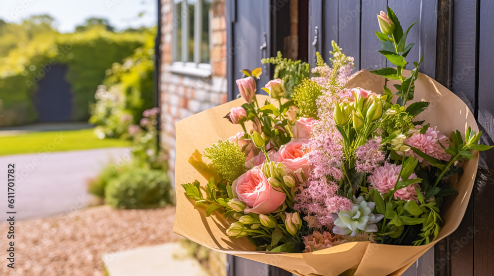 Obraz premium Flower shop delivery and holiday gift postal service, beautiful bouquet of flowers on a house doorstep in the countryside, generative ai