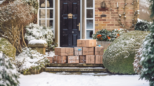 Christmas gifts delivery, postal service and holiday presents online shopping, wrapped parcel boxes on a country house doorstep in a snowing winter, generative ai