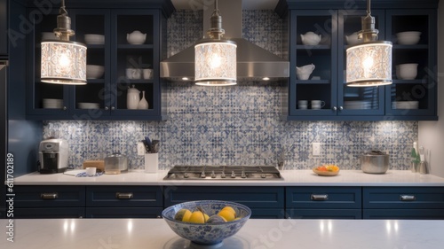 Interior design of Kitchen in Transitional style with Backsplash decorated with Ceramic, glass, marble, stainless steel material. Colonial revival architecture. Generative AI AIG24. photo