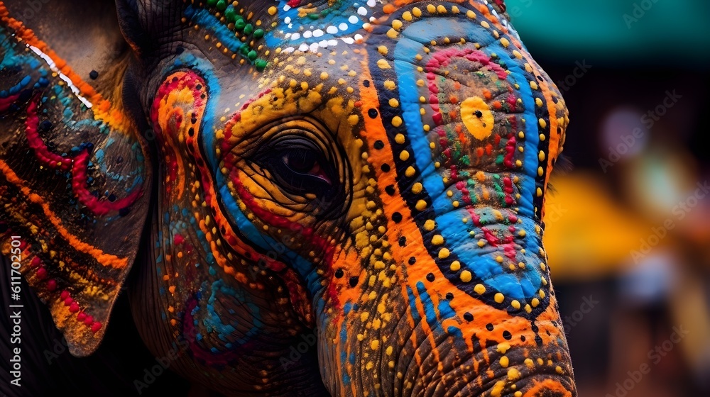 Closeup of a painted elephant created with AI Generative technology