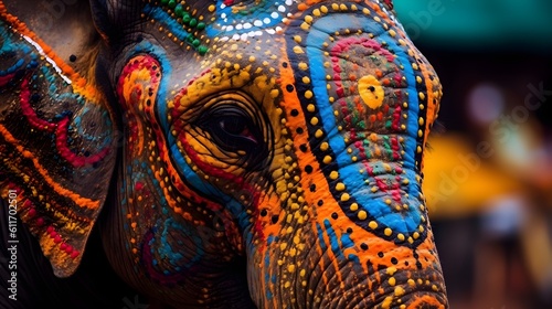 Closeup of a painted elephant created with AI Generative technology