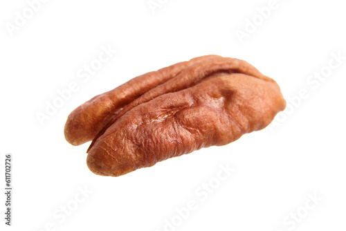 Peeled pecan nut isolated on a white background. Single pecan seed half