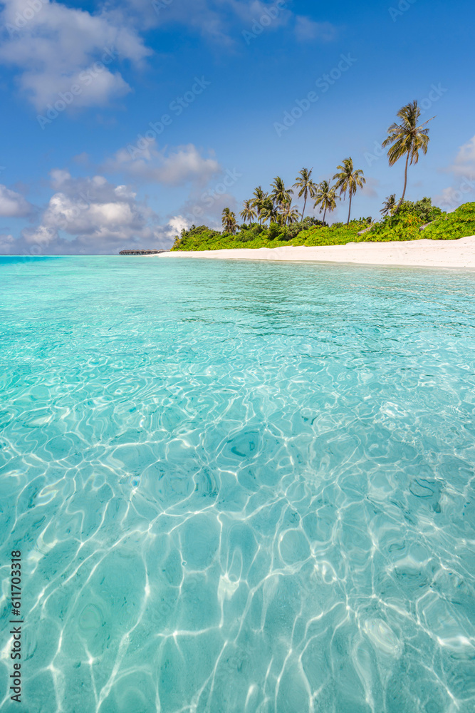 Beautiful beach, palm trees white sand sunny blue sky. Best summer vacation travel landscape. Maldives paradise beach. Luxury holiday background. Bright relax sea water, exotic resort paradise island