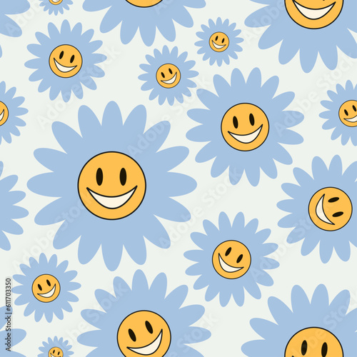 Groovy hippie 70s seamless pattern. Funny cartoon flower. Trendy retro cartoon style.Isolated vector illustration.
