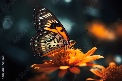 a butterfly on an orange flower with blurry background - generative ai