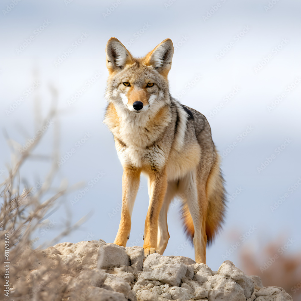 wolf standing on a rock in the mountains. close up shot of a wolf. generative AI wolf standing on a rock in the mountains. close up shot of a wolf. generative AI