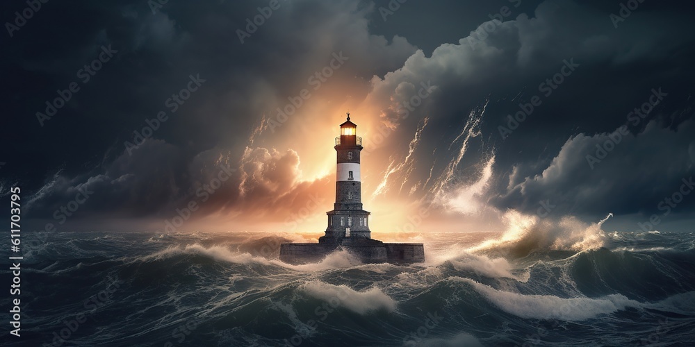 A dramatic thunderstorm over the ocean, with a single lighthouse standing resilient against the fury of the elements, concept of Nature's Power, created with Generative AI technology