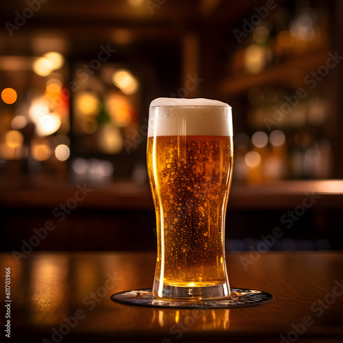 glass of beer standing on a table in a bar. close up shot of a beer. Generative AI.