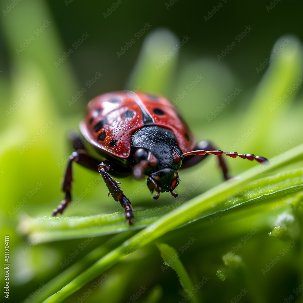 ladybug on a leaf. close up shot of a red and black ladybug. Generative AI ladybug on a leaf. close up shot of a red and black ladybug. Generative AI