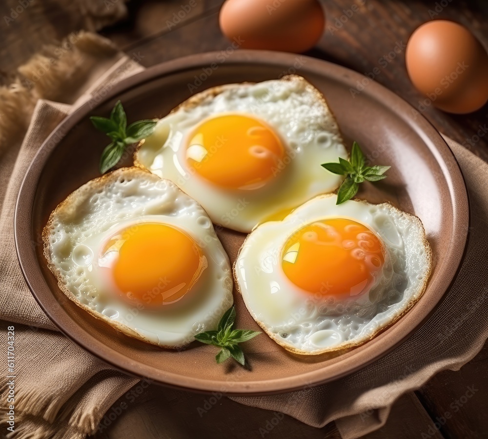 Fried eggs on a ceramic plate. Fried eggs on a ceramic plate.