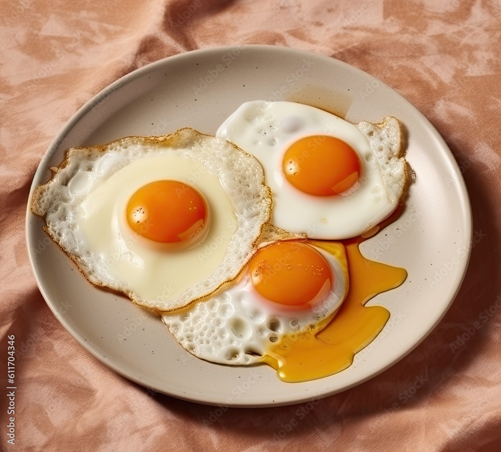 Fried eggs on a ceramic plate. Fried eggs on a ceramic plate.