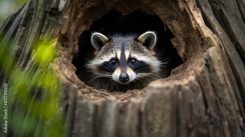 racoon sitting in a tree hole. close up of a cute racoon. Generative AI