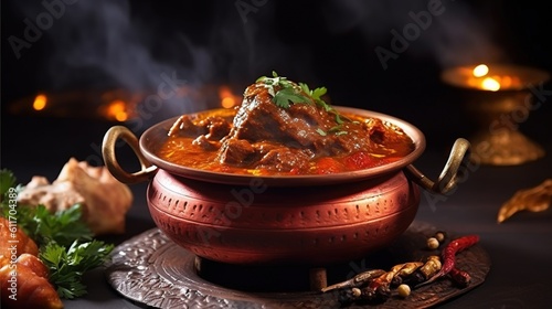 Traditional spicy Indian curry Rogan Josh Served in copper. Generative AI. Digital Art Illustration