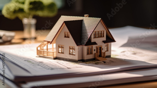 Symbol of Homeownership: Miniature Model House Resting on Real Estate Documents