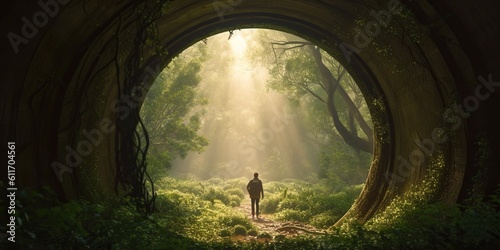 Rear view of a person discovering a hidden portal within a sunlit forest, leading to an alternate dimension where summer never ends, concept of Enchanted revelry, created with Generative AI technology photo