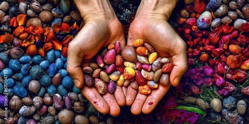 Hands covered in a mix of soil and sweat, the gardener methodically arranges a mosaic of colorful summer bulbs, concept of Plant Diversity, created with Generative AI technology photo