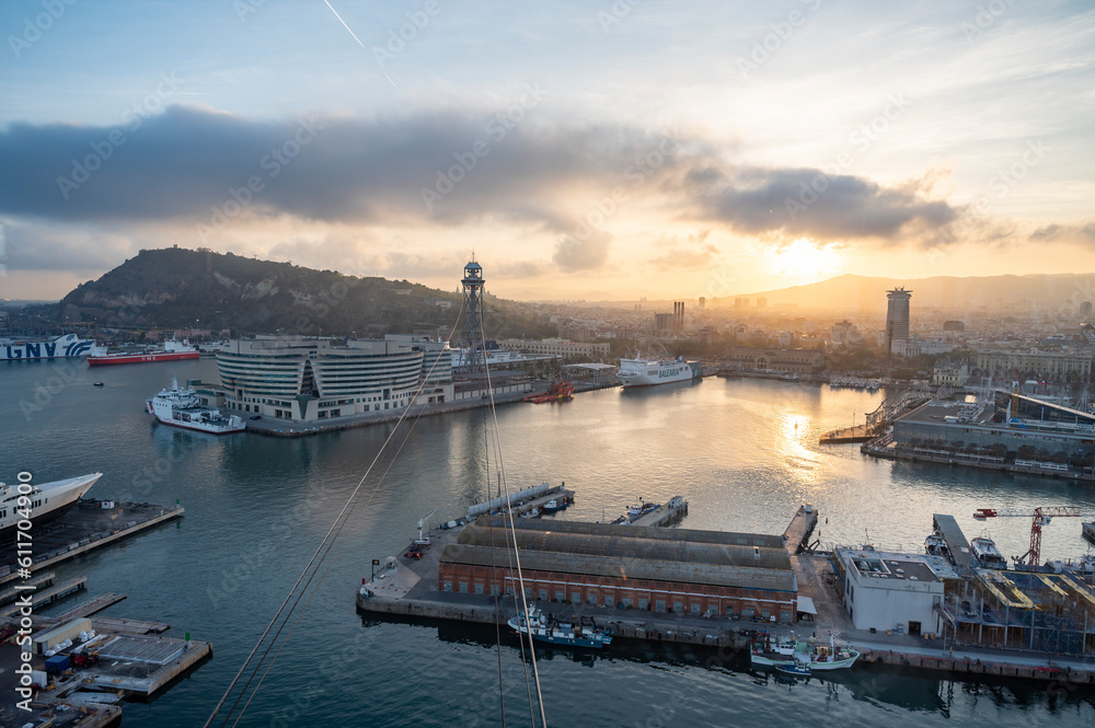 View of the port of of Barcelona, Spain, at sunset