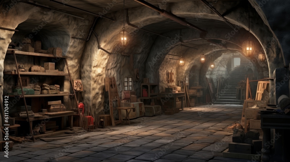 Artistic underground bunker with art gallery and studio. Generative AI. Artistic underground bunker with art gallery and studio. Generative AI.