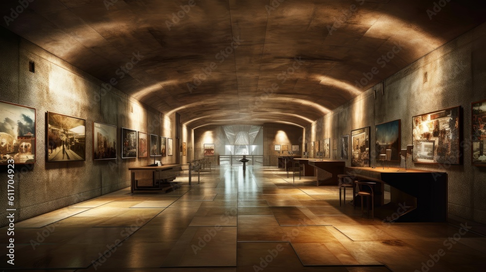 Artistic underground bunker with gallery and exhibition space. Generative AI.
