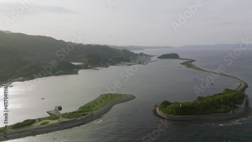 Aerial view of entrance to small bay through sandbar islands on Awaji coast photo