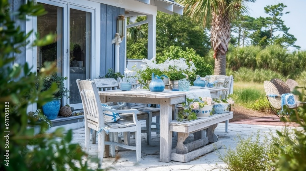 Coastal Cottage Style Patio with Whitewashed Wood Furniture and Blue Accents. Generative AI.