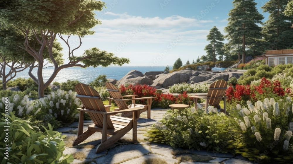 Coastal Inspired Patio with Adirondack Chairs and Ocean View. Generative AI.
