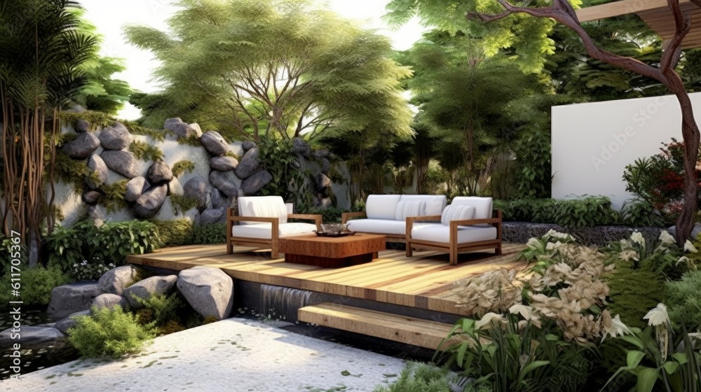 Fototapeta premium Contemporary Asian Style Patio with Water Feature and Zen Garden. Generative AI.