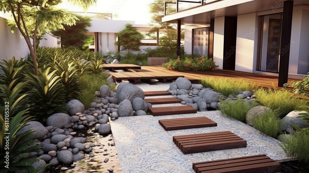 Contemporary Asian Style Patio with Water Feature and Zen Garden. Generative AI.