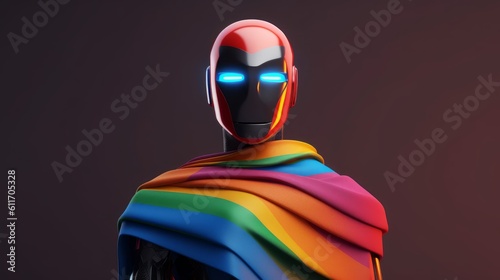 Confident Gay Robot Wearing LGBTQ+ Pride Flag Cape. Generative AI.
