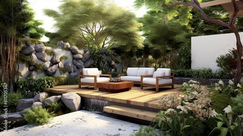 Contemporary Asian Style Patio with Water Feature and Zen Garden. Generative AI.